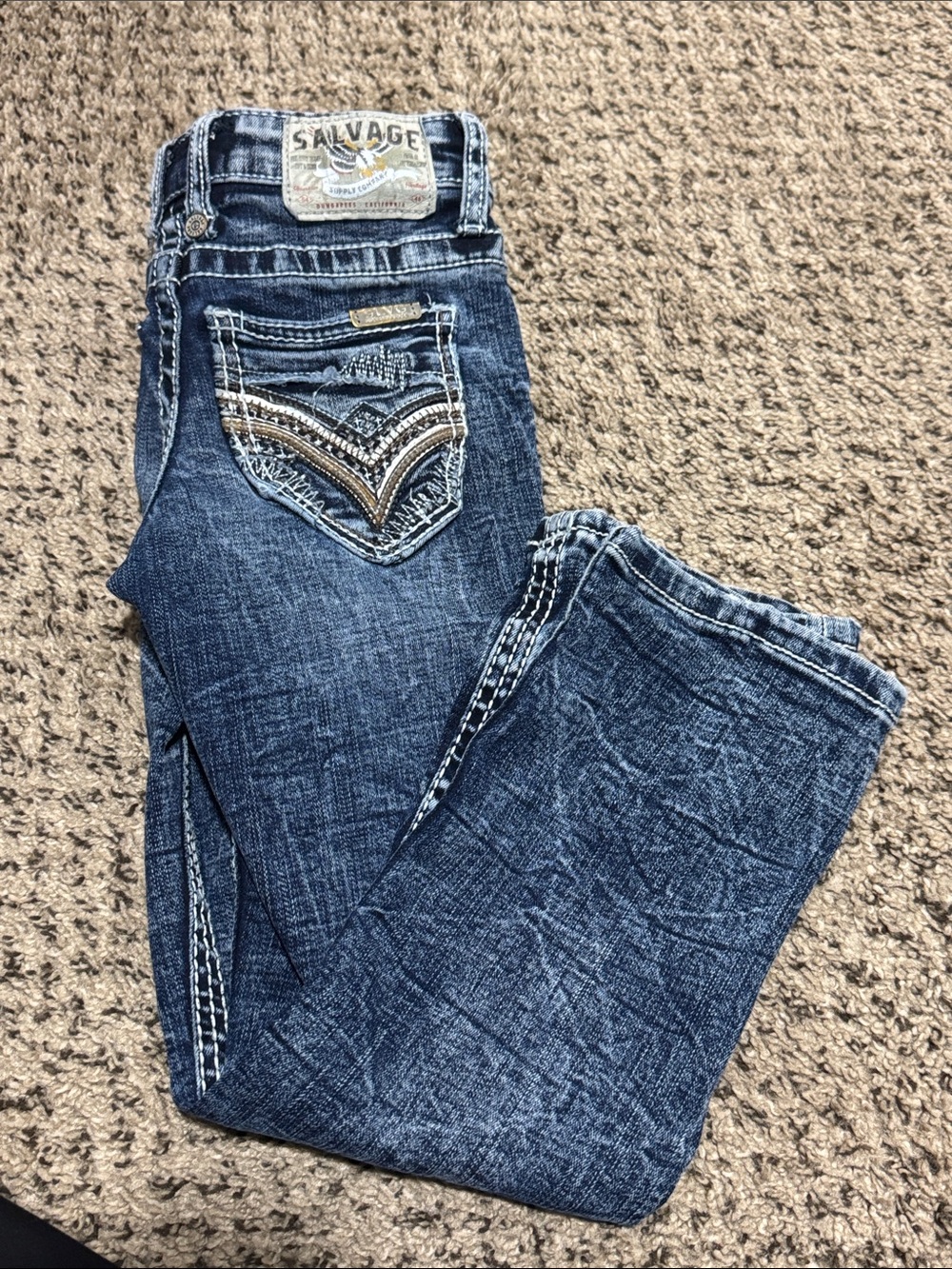 Salvage Dark Indigo Kids Bootcut Jeans with Embroidered Pockets